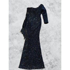 Black Sequined One-Shoulder Gown With Fringe Detail Party Evening